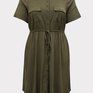 OLIVE GREEN TWILL BUTTON DRAWSTRING SHIRT DRESS